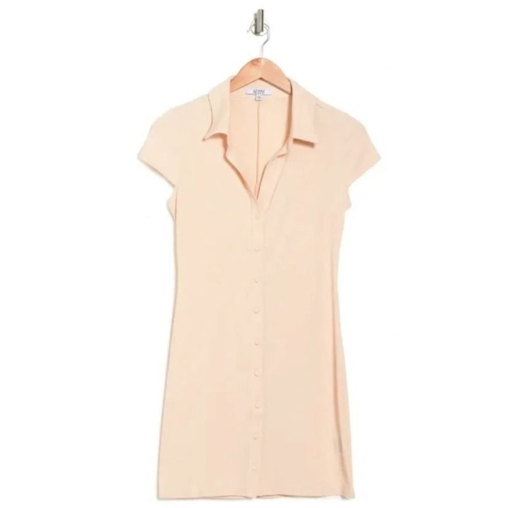 AFRM Women's Rennia Rib Knit Short Sleeve Button Front Mini Dress in Sand Large